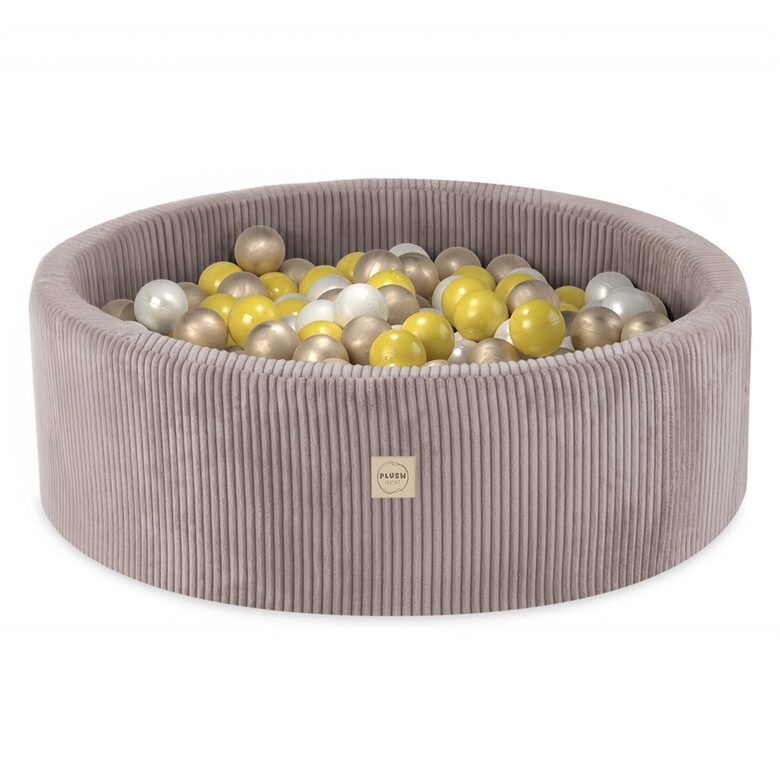 PLUSH NEST Ball pool, beige, round, corduroy, 90x30, 200 balls: pearl, yellow, gold